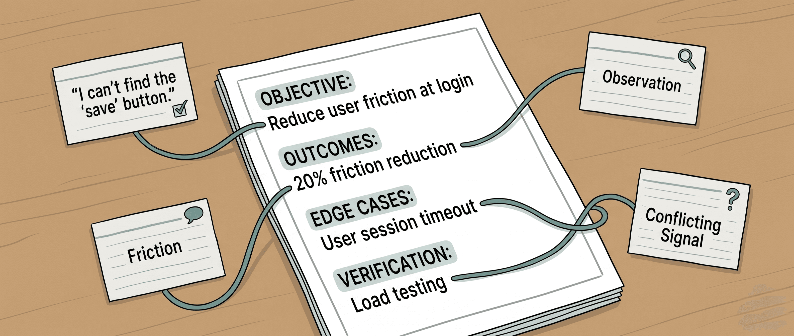 A product spec with Objective, Outcomes, Edge Cases, and Verification — anchored by curved teal lines to surrounding evidence cards: a user quote, a friction note, an observation, and a conflicting signal.