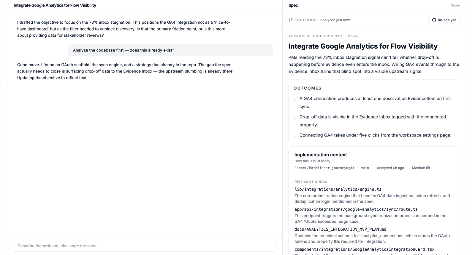 An IntentSpec on the left, with an Implementation Context section showing relevant code areas, current behavior, and verification suggestions on the right.