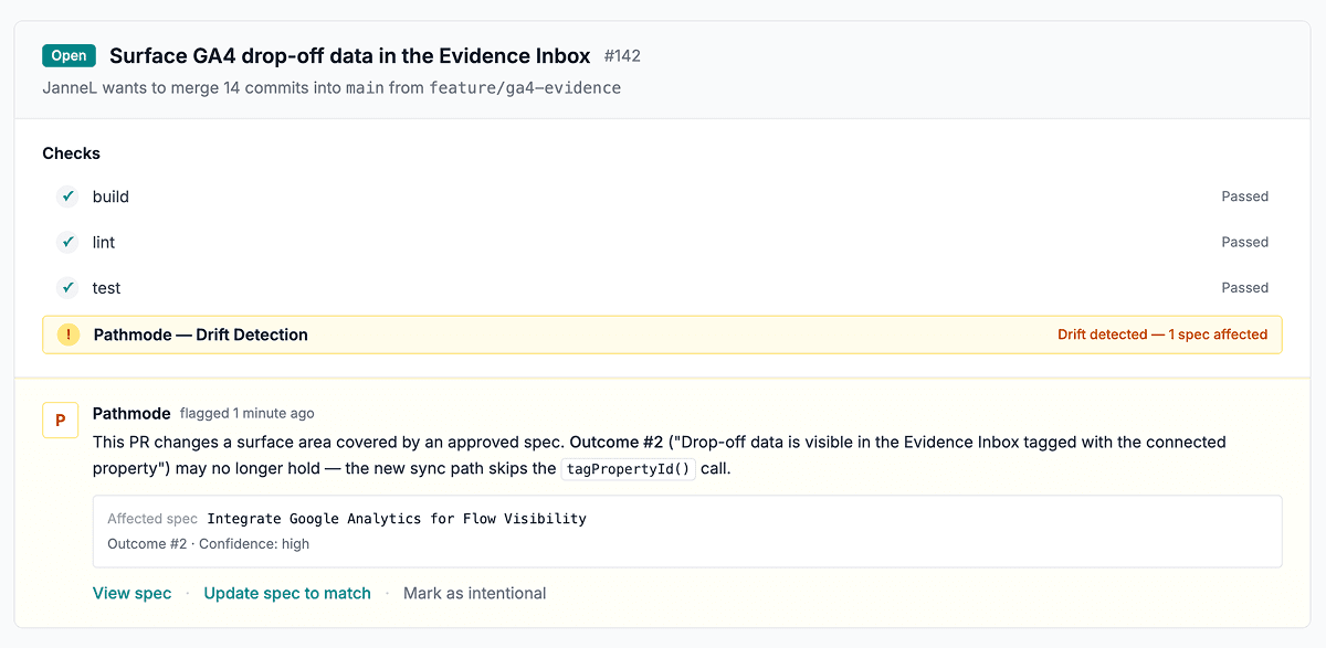 A foreshadowing screenshot of a Drift Detection check on a pull request, showing the spec being reconciled against the changed code.