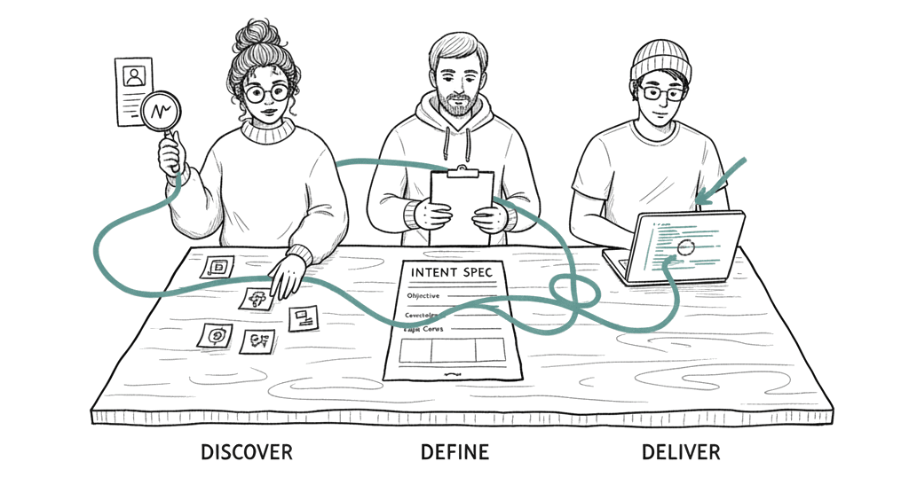 Three team members — Discover, Define, Deliver — collaborating around a shared intent spec