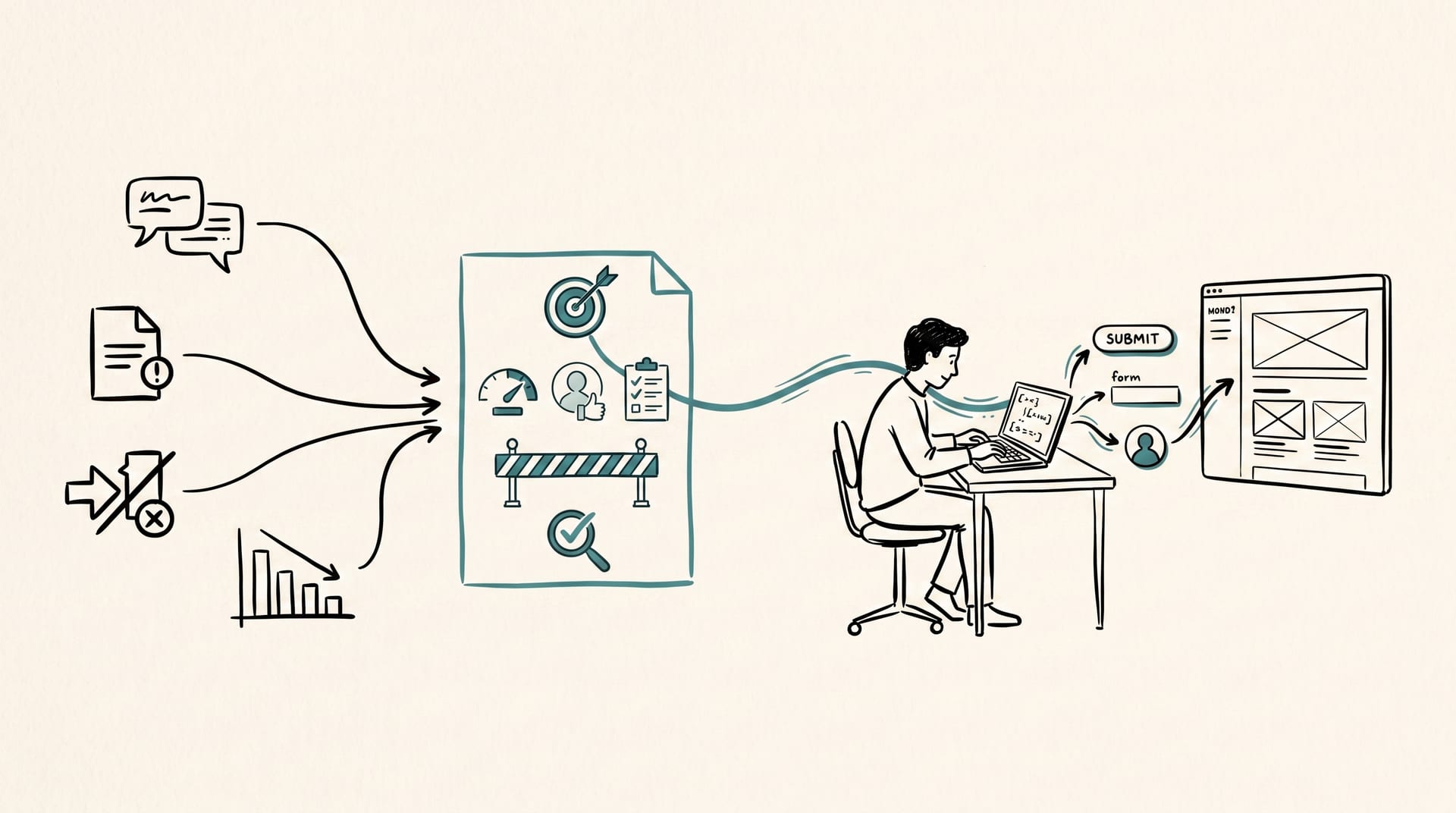 User friction, support tickets, dropped flows, and metrics feed into a structured intent spec. The designer builds directly from that spec in code, and the finished product traces back to it.